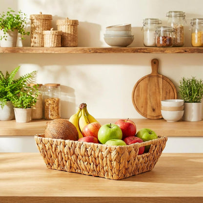 Novabright 4 Pcs Water Hyacinth Storage Baskets 14"L x 10''W x 4.7''H Large Wicker Woven Basket with Handles Pantry Gift Baskets Natural Storage Bins for Organizing Countertop
