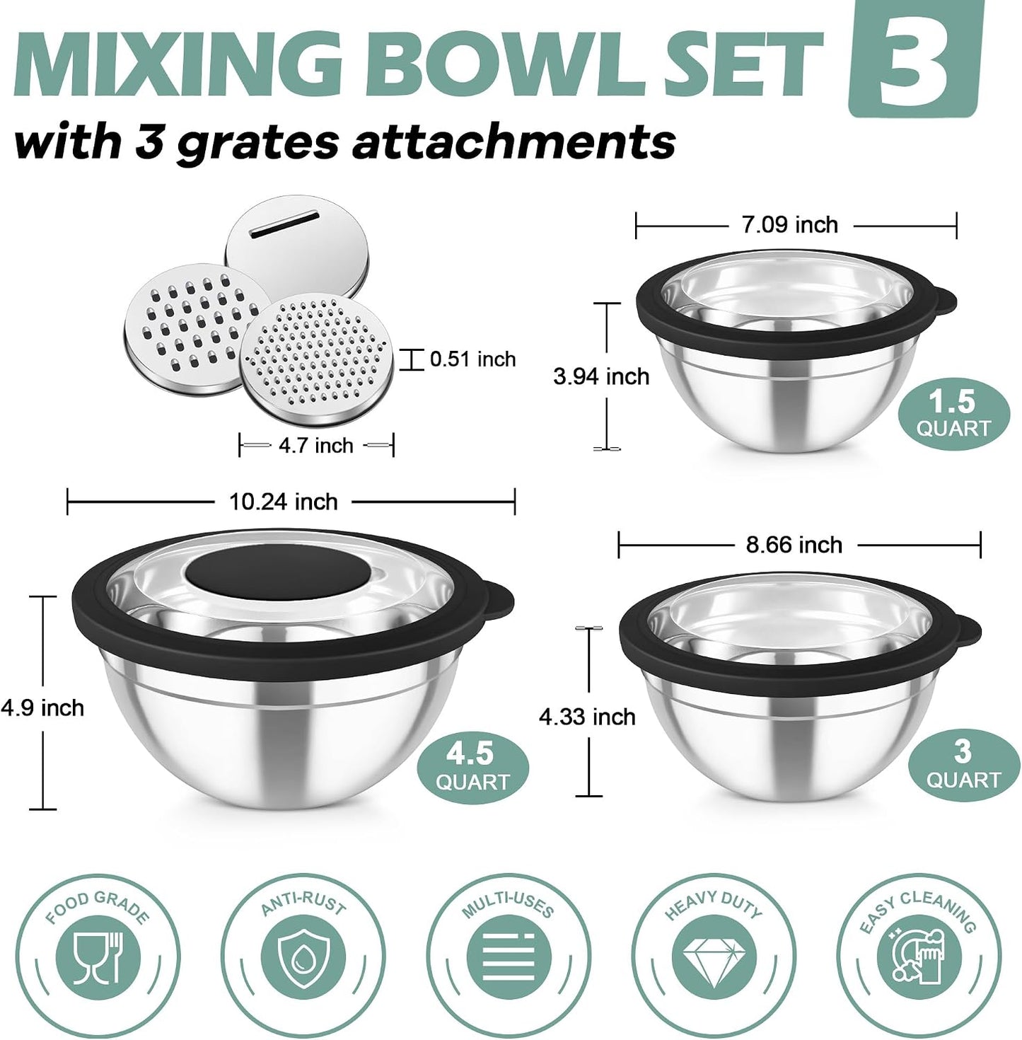 TeamFar Mixing Bowls, Stainless Steel Nesting Salad Bowls with Lids Set of 3 & 3 Grater Attachments, For Mixing/Serving/Storing, Non-toxic & Long-lasting, Size 4.6/3 / 1.5 QT, Black