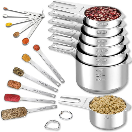 35PCS Stainless Steel Measuring Cups and Spoons Set, 7 Nesting Measuring Cups, Round & Rectangular Spoons with Clear Engraved Markings, 2-Pack Mini Spoon Sets with Leveler for Precise Cooking & Baking