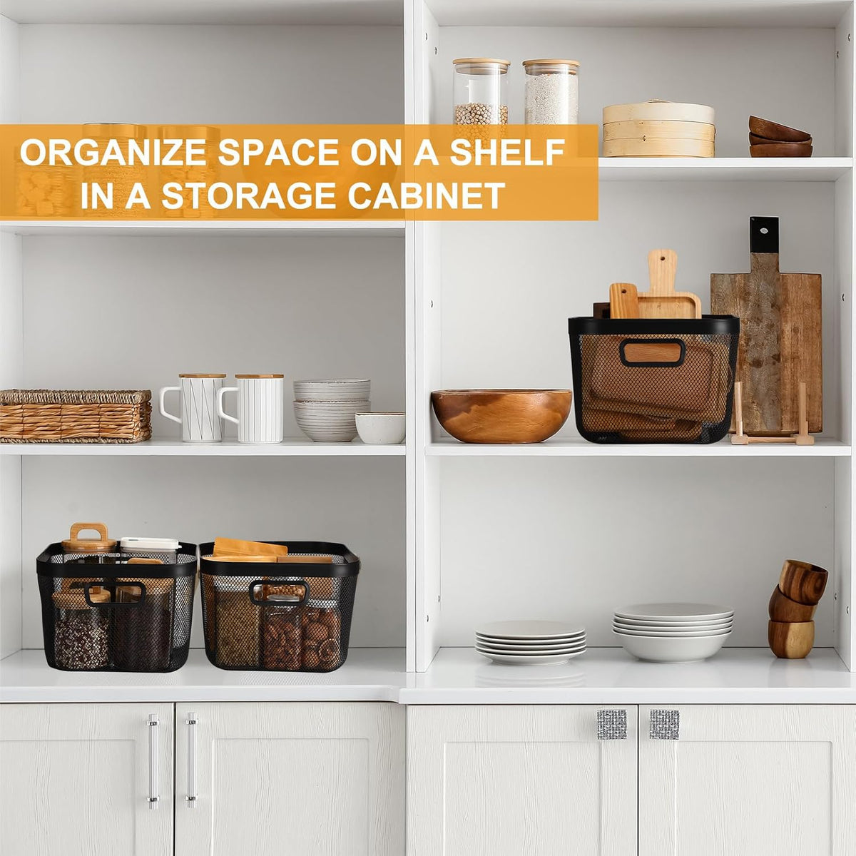 MorningRo 6 Pack Metal Mesh Basket with Hollow Handles Black Wire Storage Bin for Organizing Stackable Metal Fine Mesh Basket for Pantry Bathroom Kitchen Cabinets Shelves (Medium)
