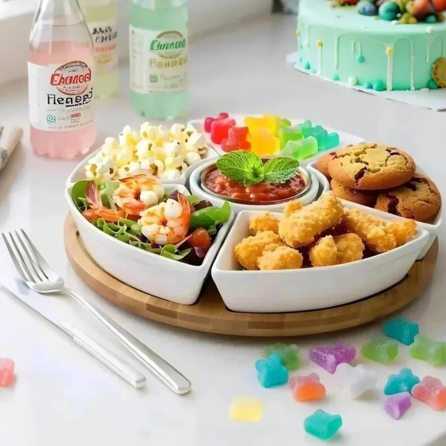 Snackle Box Taco Bar Serving Set for a Party - Divided Lazy Susan Serving Tray - Taco Tuesday Kit - Chip and Dip Serving Set for Party - PET Rotating Appetizer Serving Tray (12"x3.9")