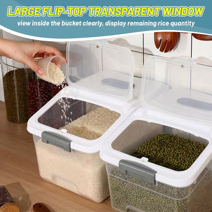 Blushtier 4 Pack Large Rice Storage Containers 30 Lbs Airtight Flour Container with Seal Locking Lid and Measuring Cup Kitchen Dry Food Storage Bins for Cereal Sugar Beans(Transparent White)