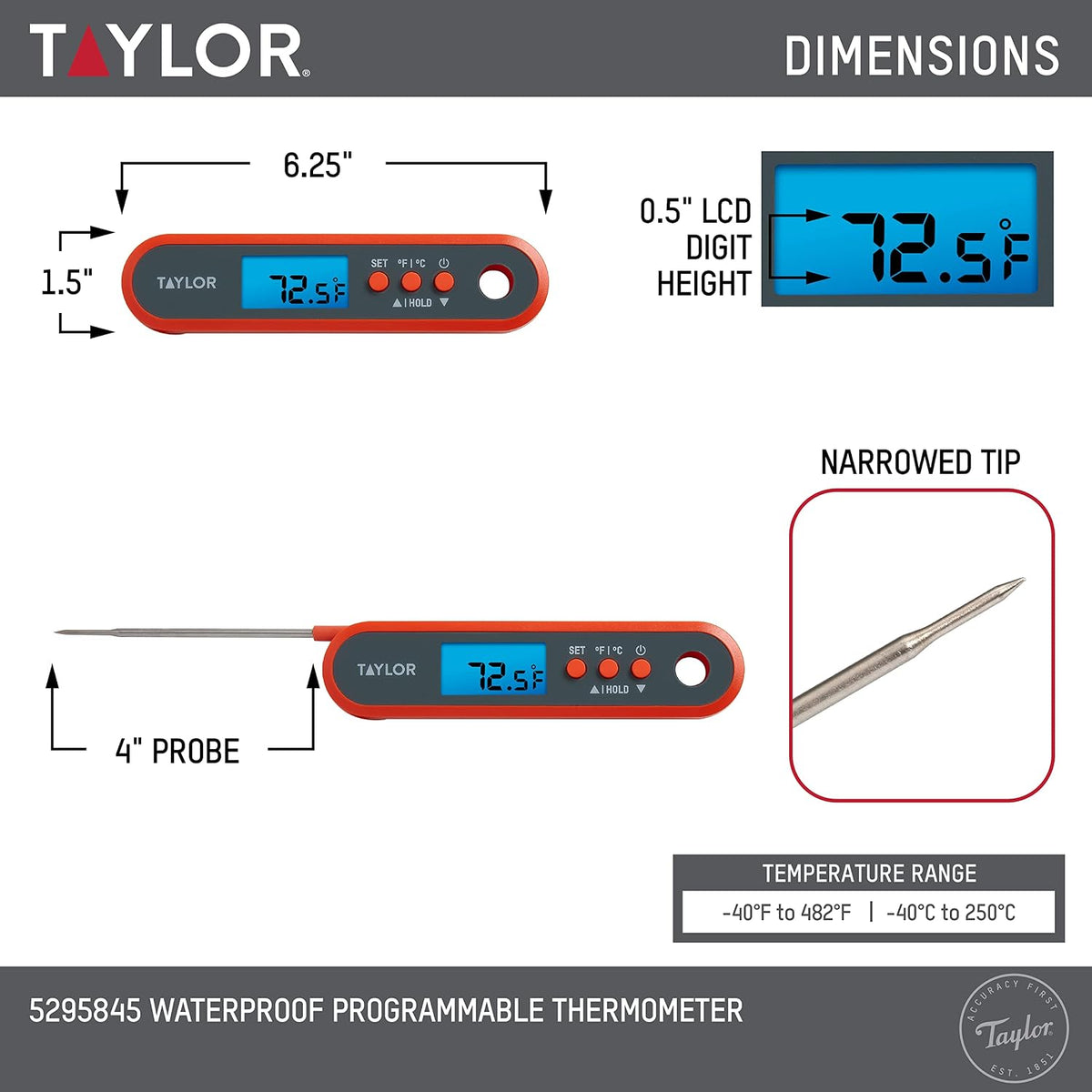 Taylor Digital Programmable Folding Stem Meat Thermometer - Orange