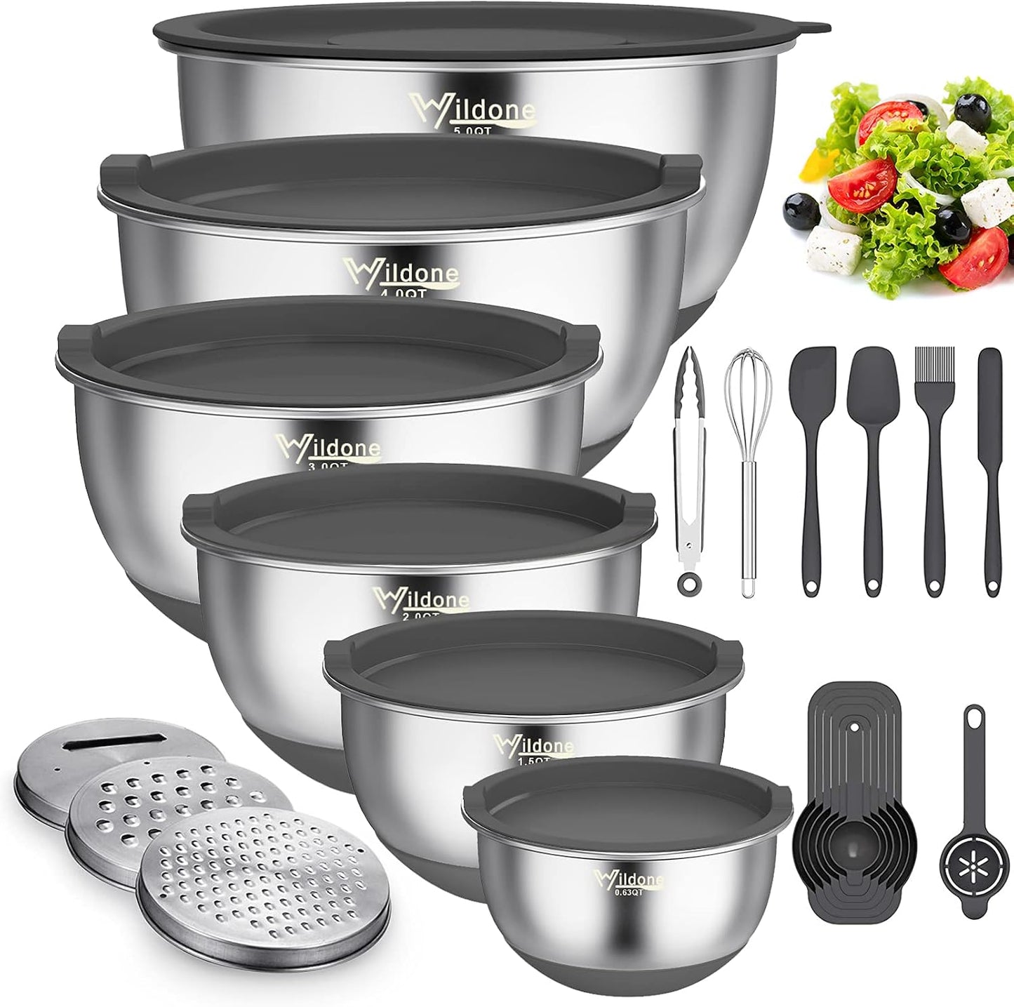 Wildone Mixing Bowls with Airtight Lids, 22 PCS Stainless Steel Nesting Bowls, with 3 Grater Attachments, Scale Marks & Non-Slip Bottom, Size 5, 4, 3, 2,1.5, 0.63QT, Ideal for Mixing & Prepping