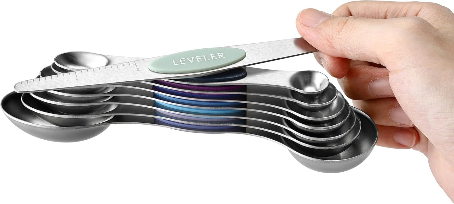 Spring Chef Stainless Steel Magnetic Measuring Spoons Set with Strong N45 Magnets, Heavy Duty Metal Kitchen Gadgets for Baking & Cooking, Fits in Most Kitchen Spice Jars, Set of 8 with Leveler, Black