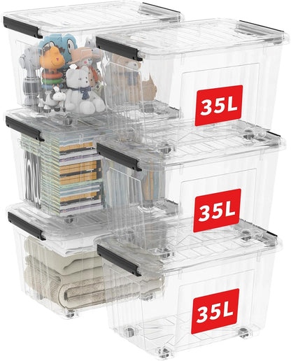 Cetomo 60Qt*6 Plastic Storage Bins, Storage Box, 6 Pack, Organizing Container with Wheels, Durable Lids and Secure Latching Buckles, Stackable and Nestable, Clear with Black Buckle