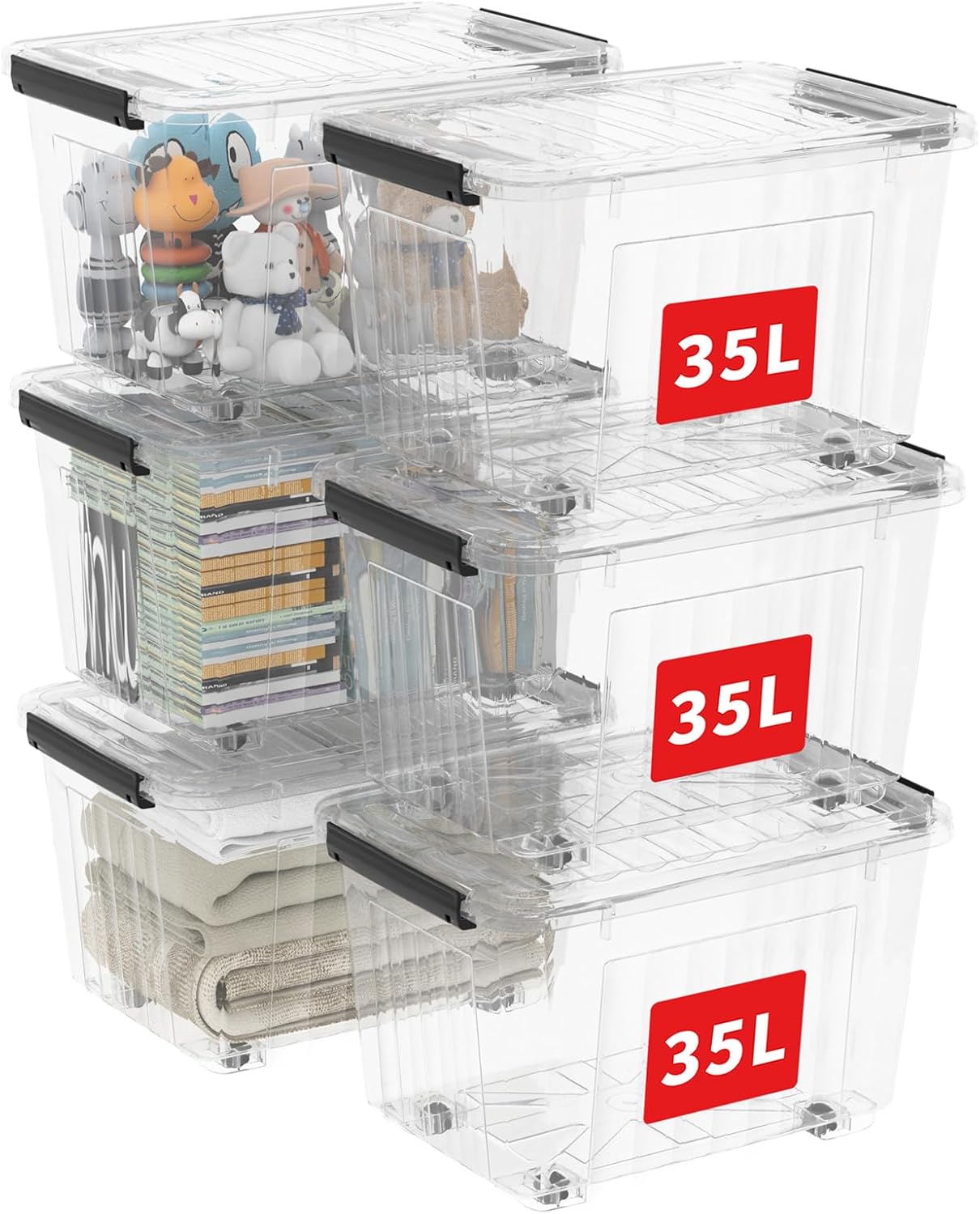 Cetomo 60Qt*6 Plastic Storage Bins, Storage Box, 6 Pack, Organizing Container with Wheels, Durable Lids and Secure Latching Buckles, Stackable and Nestable, Clear with Black Buckle