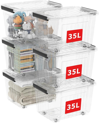 Cetomo 60Qt*6 Plastic Storage Bins, Storage Box, 6 Pack, Organizing Container with Wheels, Durable Lids and Secure Latching Buckles, Stackable and Nestable, Clear with Black Buckle
