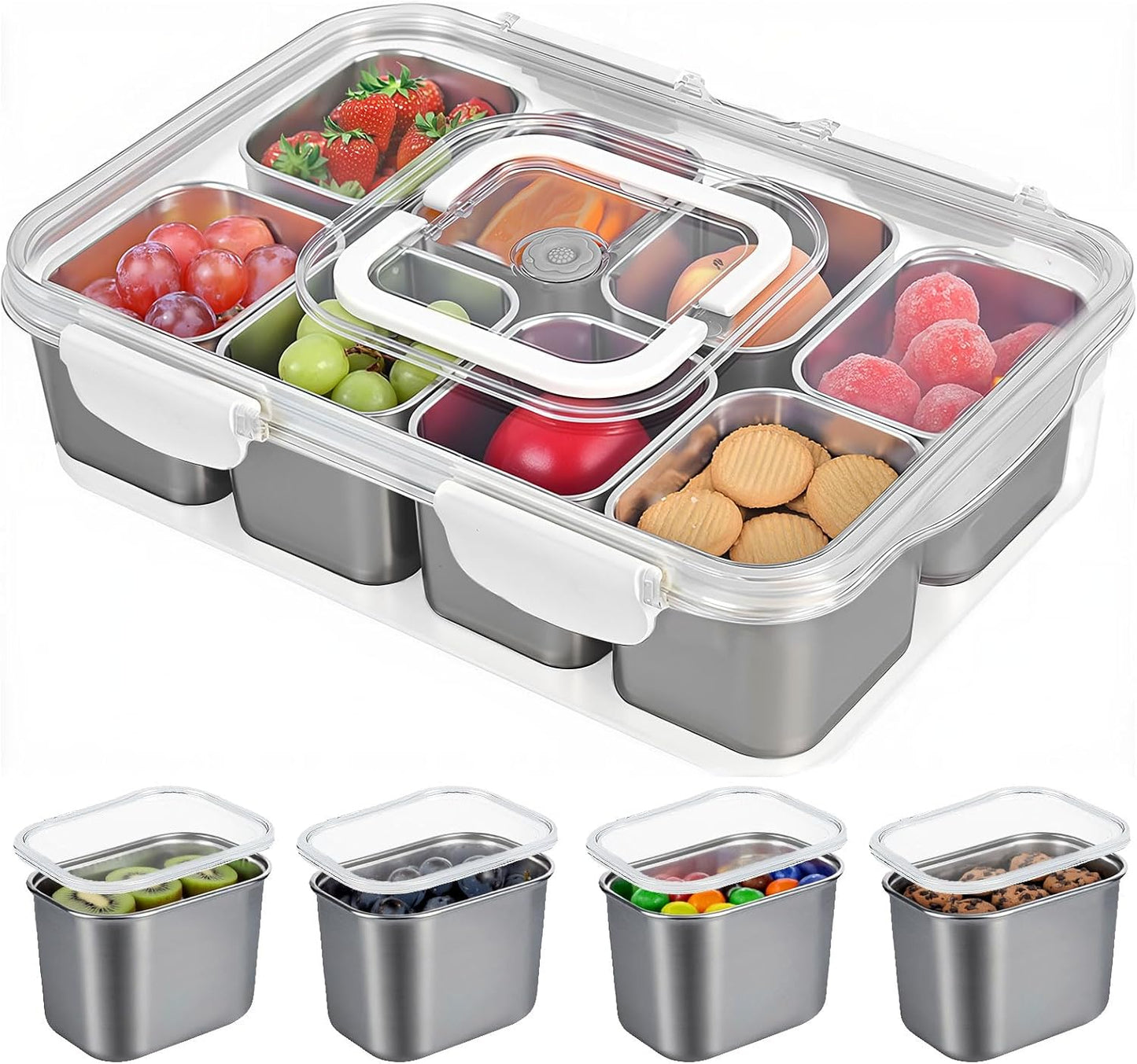 Snackle Box Container, 304 Stainless Steel Snack Containers, Snacklebox, Divided Serving Tray with Lid and Handle, Portable Snack Tray for Beach, Road Trip, Picnic, Boat Days, Ball Games and Pool