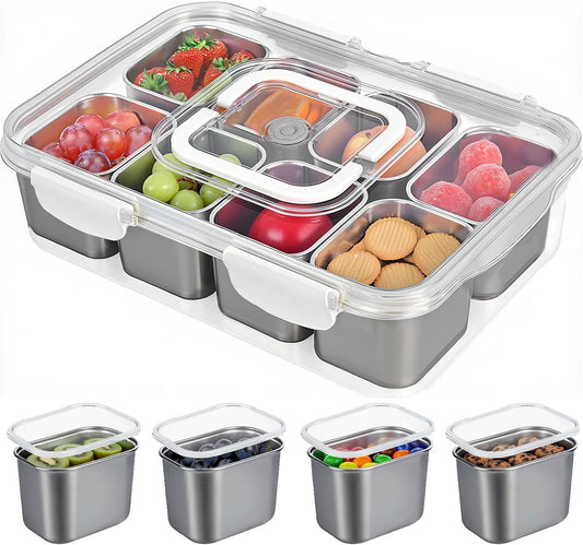 Snackle Box Container, 304 Stainless Steel Snack Containers, Snacklebox, Divided Serving Tray with Lid and Handle, Portable Snack Tray for Beach, Road Trip, Picnic, Boat Days, Ball Games and Pool