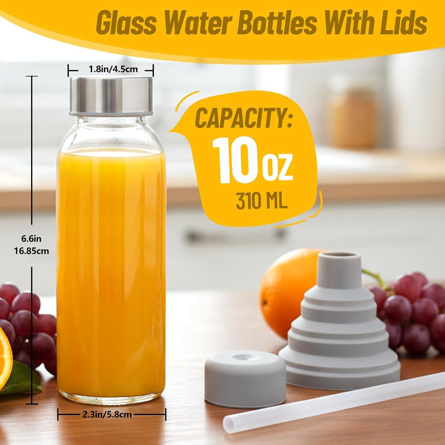 Glass Juice Bottles with Lids 10 oz, 6 Pack Reusable Small Glass Bottles with Stainless Steel Caps & Straws, BPA-Free Leak proof Juice Bottle Containers for Juicing, Milk, Smoothies & Fridge