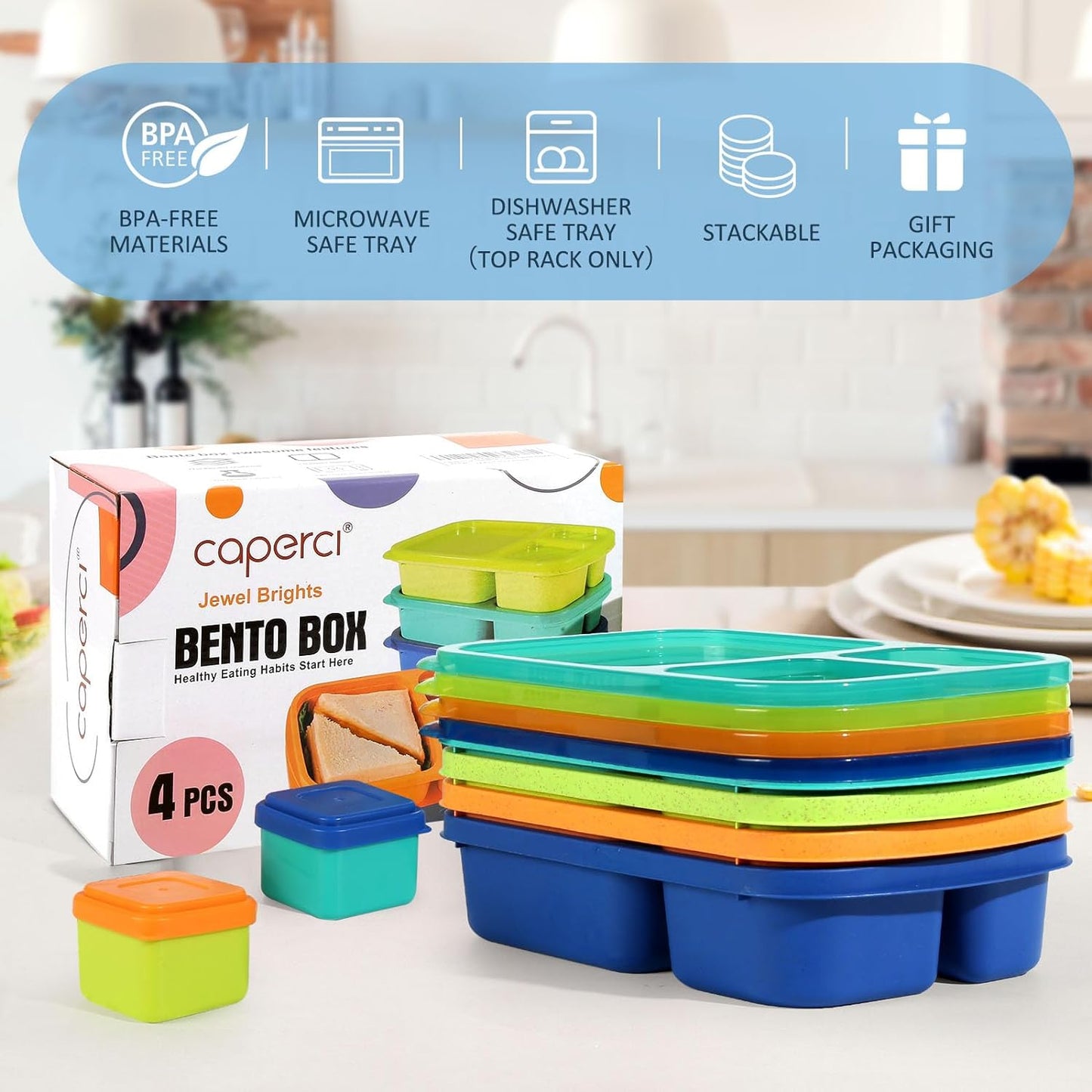 Caperci Bento Lunch Box Containers for Adults & Kids - 3-Compartment Reusable Meal Prep Containers with 2 Sauce Containers for School, Work, Travel, Wheat Straw, 4-Pack (Vintage Colors)