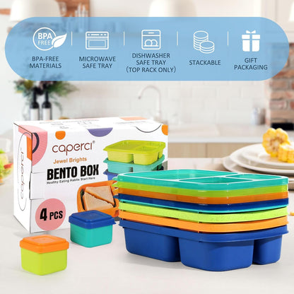 Caperci Bento Lunch Box Containers for Adults & Kids - 3-Compartment Reusable Meal Prep Containers with 2 Sauce Containers for School, Work, Travel, Wheat Straw, 4-Pack (Vintage Colors)