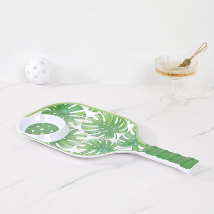 UPware Flamingo Melamine Chip and Dip Snack Tray, Tropical Floral Pickleball Paddle Shape Platter for Chips, Salsa, Fruits, and Appetizers, 15.75 x 8 Inch