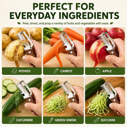 2Pack 3-in-1 Vegetable Peeler with Faux Wood Handle, Stainless Steel Julienne Peeler & Scallion Shredder with Built-In Bottle Opener, Kitchen Peeler for Potato, Carrot, Cucumber, Apple & Fruits