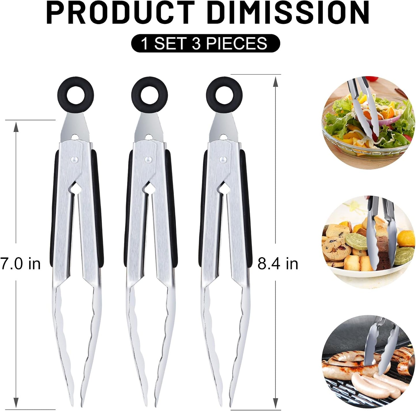 Hotec Stainless Steel Kitchen Tongs, Set of 3-7", 9" and 12", Locking Metal Food Tongs for Cooking, Serving, BBQ, Grill with Non-Slip Grip