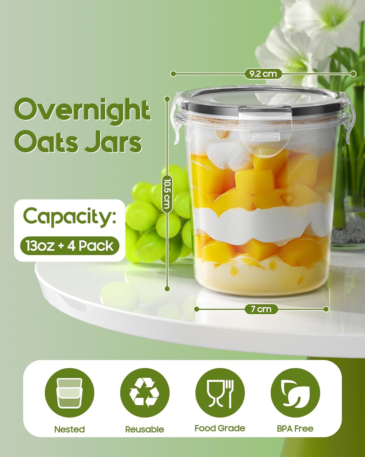 Overnight Oats Containers with Lids, 4 Pack 13oz Overnight Oats Jars, Plastic Mason Jars, BPA Free, Portable, Leak Proof Oatmeal Containers for Yogurt, Soup, Cereal, Milk and Salad
