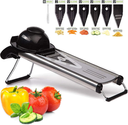 V Blade Stainless Steel Mandoline Slicer - Fruit and Food Slicer, Vegetable Cutter, Cheese Grater - Vegetable Julienne Slicer with Surgical Grade Stainless Steel Blades - Includes 6 Different Inserts
