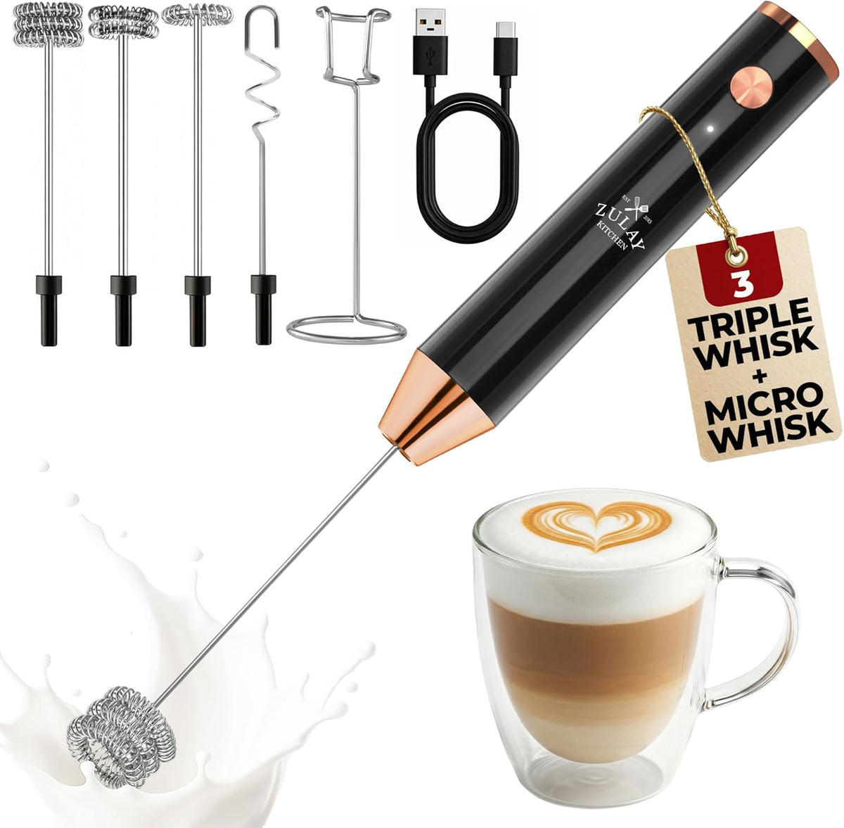 Zulay Kitchen Rechargeable Milk Frother Handheld - Frother Wand, Drink Mixer, Electric Whisk Frother, for Cappuccinos, Matcha & Protein Powder - Dynamic 3 Whisk, 3 Speed 500mAh Black - Colors B