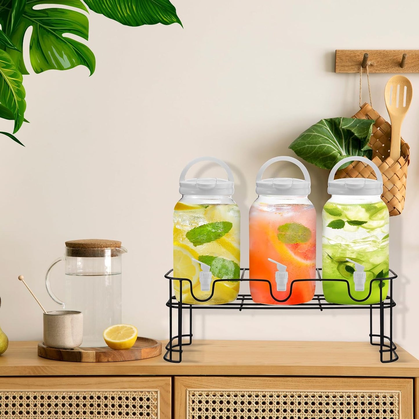 Tanlade 3 Pcs Plastic Drink Dispenser with Stand Beverage Dispenser with Sturdy Metal Base Juice Dispensers for Parties Lemonade Jar Spigot for Weddings Countertop, Each 1 Gallon(White)