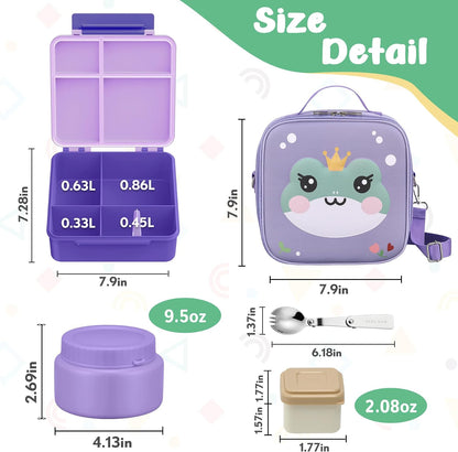 Kids Bento Lunch Box with Thermo, Include 9oz Soup Thermo, Kids Leakproof Lunch Box with 4 Compartment, Insulated Lunch Bag for Girls Boys to School Travel