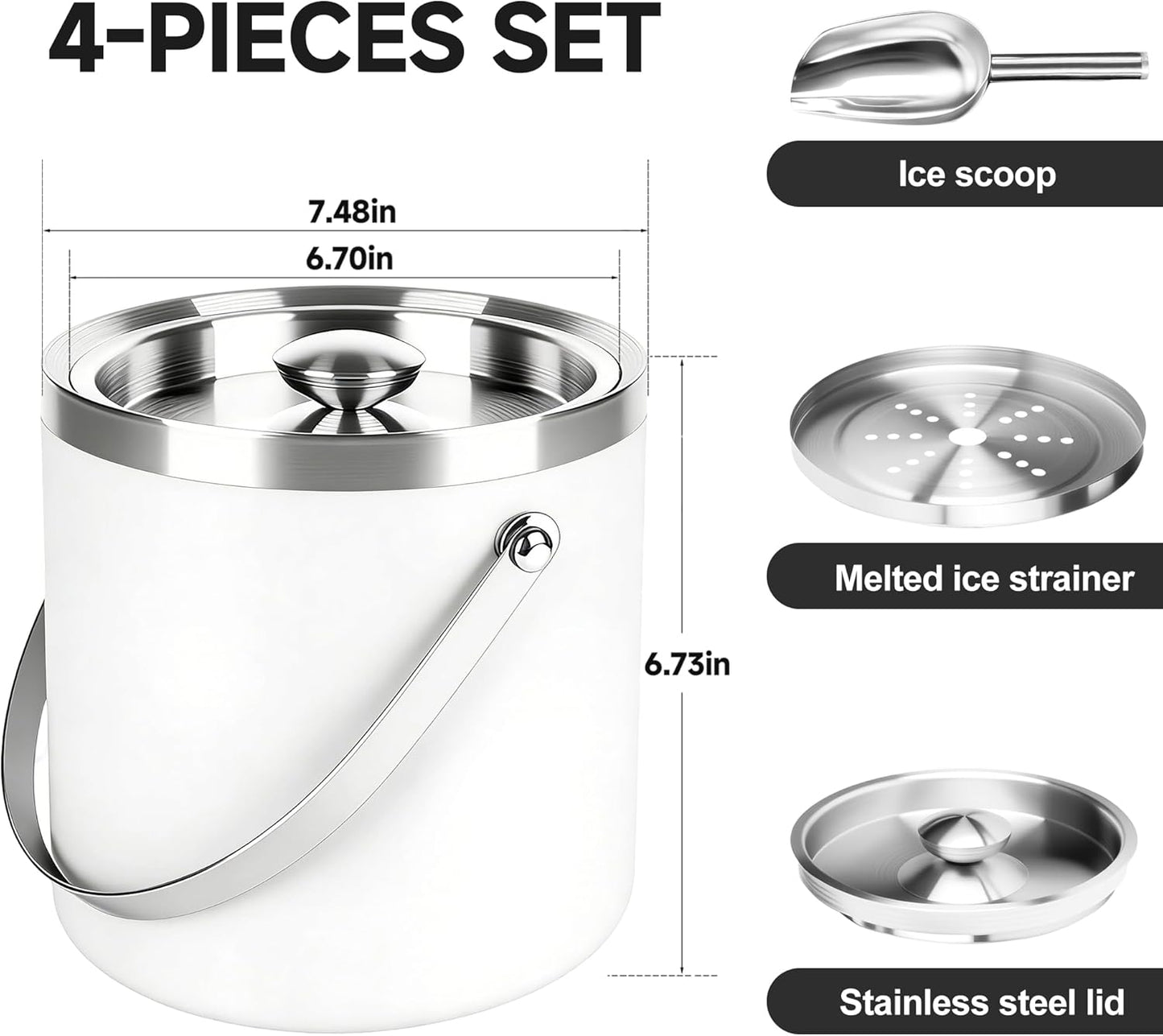 3L Double-Wall Insulated Stainless Steel Ice Bucket with scoop for Cocktail Bar - Metal Ice Bucket for freezer with Lid for parties,Camping,and More!champagne bucket,bar cart accessories