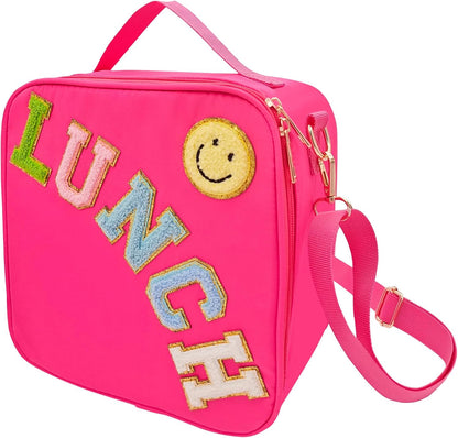 Insulated Lunch Bag With Adjustable Shoulder Strap, Nylon Preppy Lunch Box Large Insulated Lunch Bag Reusable Lunch Tote Bag with Smiley Preppy LunchBag for Girls School Travel Picnic (Green)