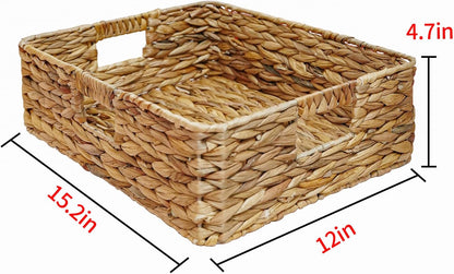 Rectangular Wicker Shelf Basket, Square Water Hyacinth Woven Storage Basket | Three-sided handle design, Natural water hyacinth material, Suitable for the living room, storage room, vanity, and wardrobe