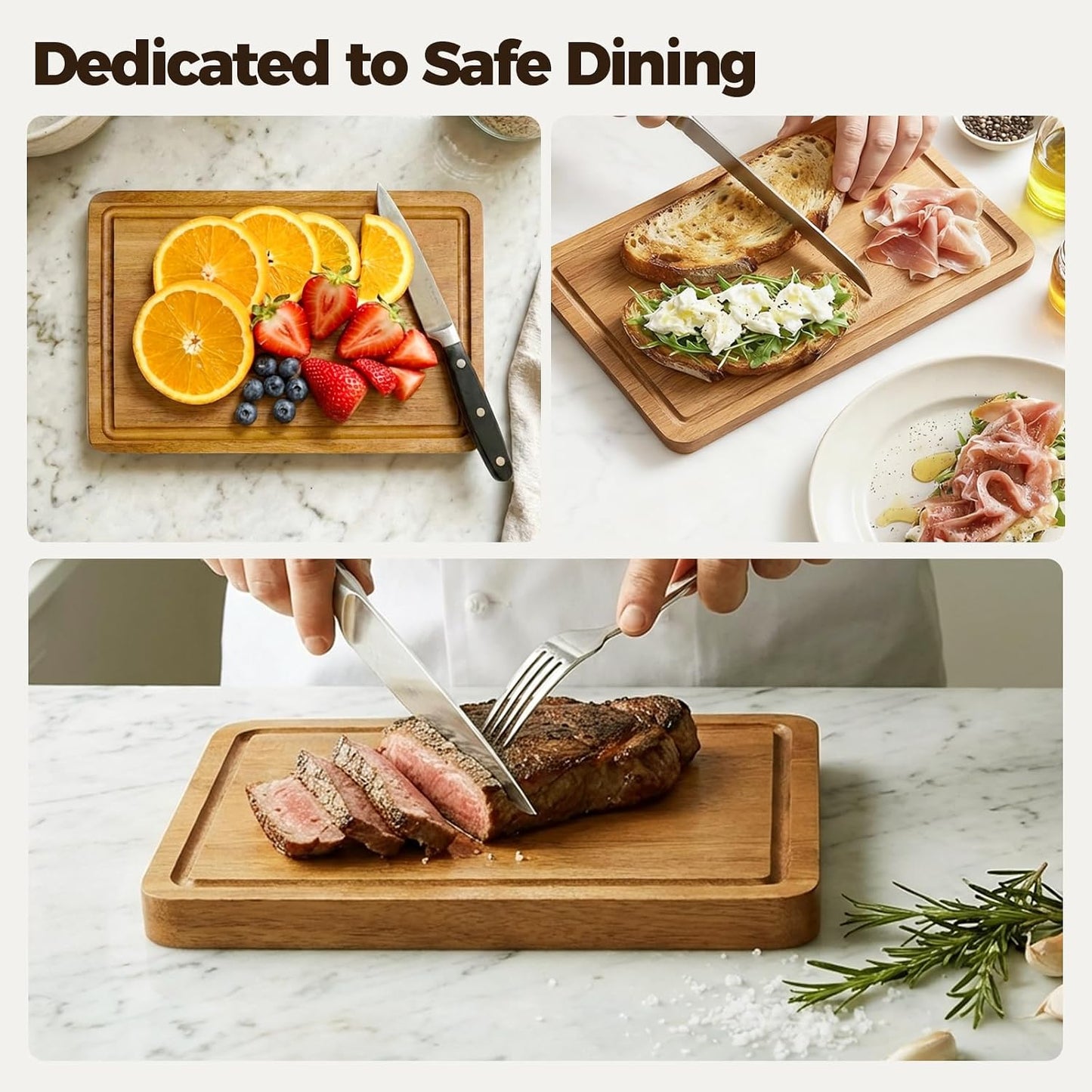 Acacia Wood Cutting Board for Kitchen, Set of 3 - Durable Thick Chopping Boards with Juice Grooves & Handles for Prep & Serving, Impressive Gift for Housewarming, Christmas, and Home Chefs