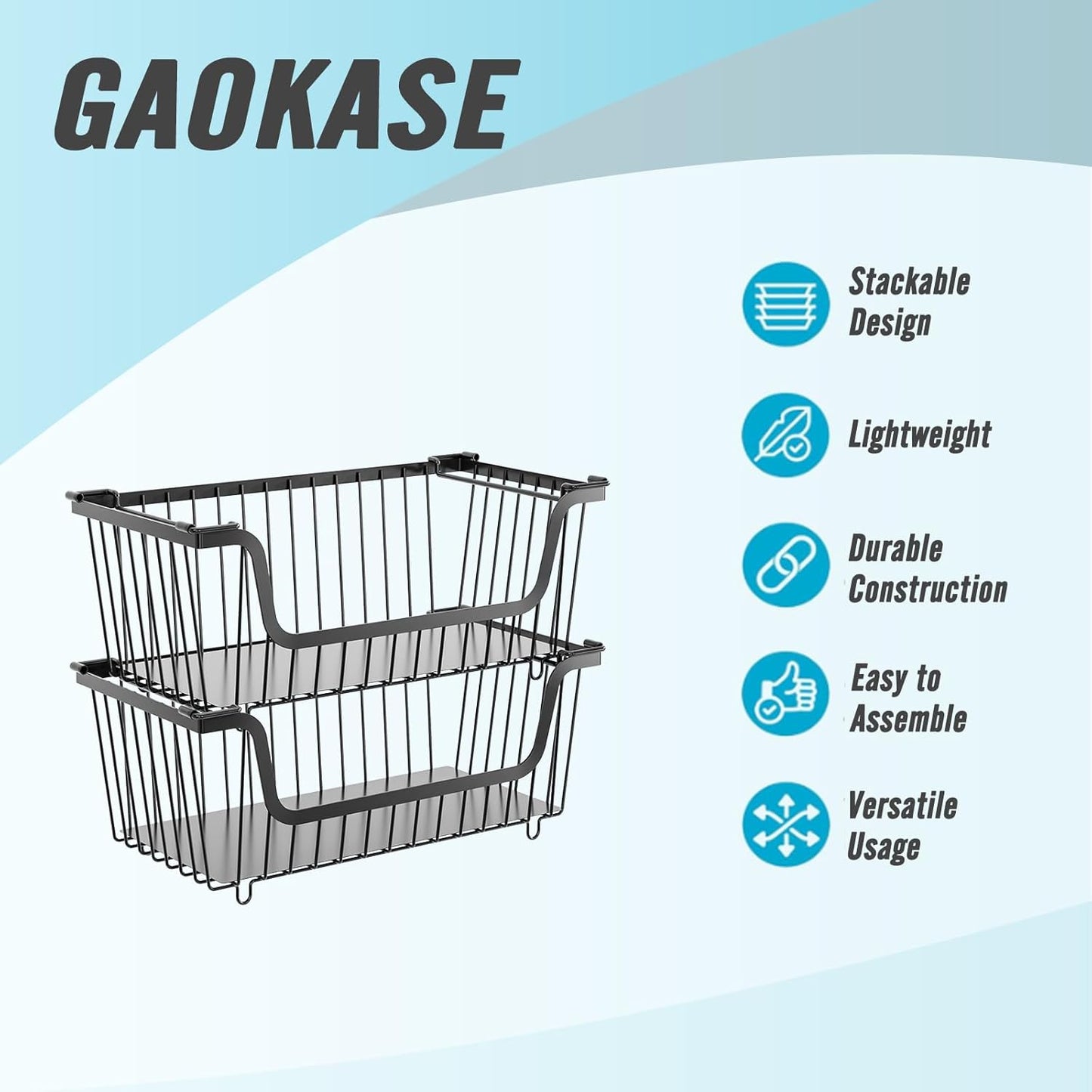 GAOKASE 4 Pcs Stackable Wire Baskets for Pantry Organizers and Storage,Vegetable Fruit Basket for Countertop,Kitchen Storage Metal Baskets,Produce Potato Onion Storage Bin-Black