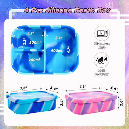 Layhit 4 Pcs Silicone Bento Box for Adults, 27 oz Bento Lunch Container Reusable 3 Compartment Lunchable Food Container for Women Men, Leak Proof Microwave Dishwasher Freezer Safe (Cool Colors)