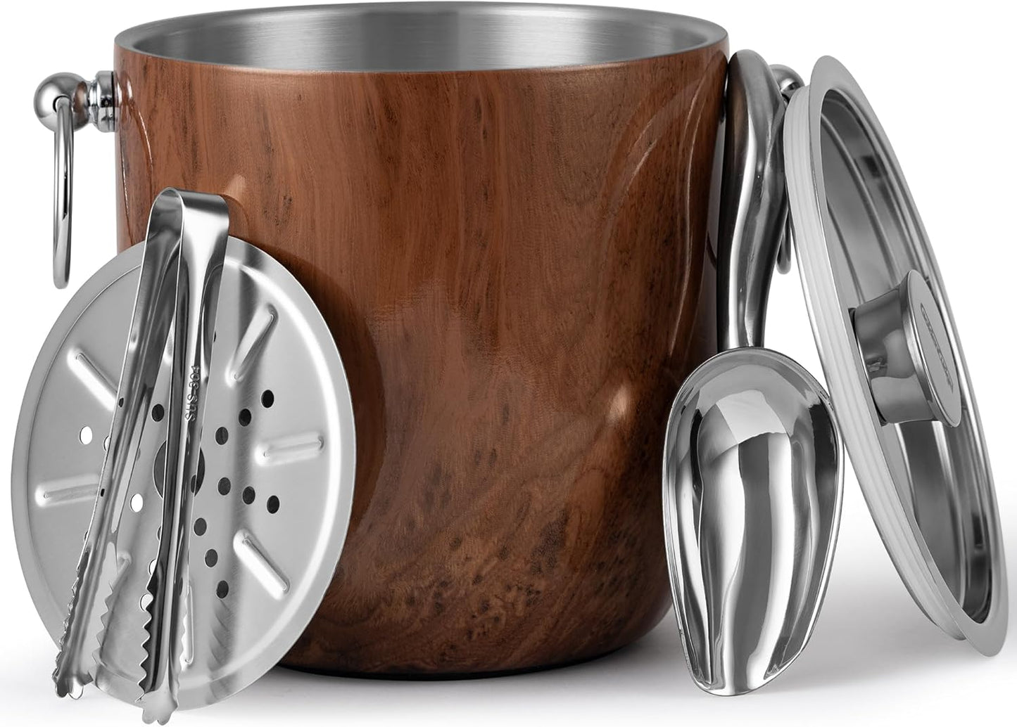 Insulated Ice Bucket, 3L Double Wall Stainless Steel Ice Bucket with Tongs,Lid, Scoop and Strainer, Ice Buckets for Parties,Cocktail Bars, Chilling Beer, Champagne, Wine Bottles