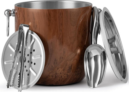 Insulated Ice Bucket, 3L Double Wall Stainless Steel Ice Bucket with Tongs,Lid, Scoop and Strainer, Ice Buckets for Parties,Cocktail Bars, Chilling Beer, Champagne, Wine Bottles