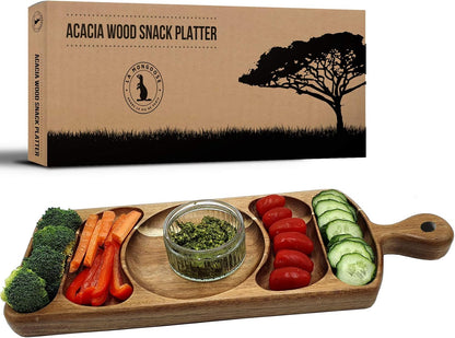 Acacia Wood Serving Platter 17.5 x 6 Long with Grooves & Handle. Luxury Snack Paddle Large XL Reversible Tray for Dinner Parties Chips Dips Crudités Cheese Charcuterie Gift (Long Rectangle)