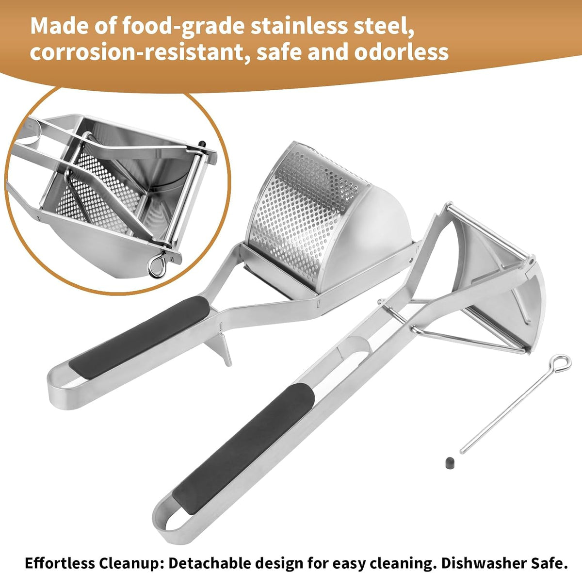 Heavy Duty Potato Ricer, Large 22oz Potato Masher, Stainless Steel Press and Mash Kitchen Gadget for Mashed Potatoes, Spaetzle Maker with Silicone Handle