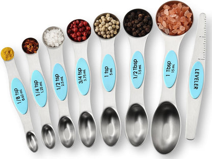 Spring Chef Magnetic Measuring Cups & Spoons Set, Patented, Strong N45 Magnets, Heavy Duty Stainless Steel Fits in Spice Jars for Baking & Cooking, BPA Free, Round Set of 15 with Leveler, Black
