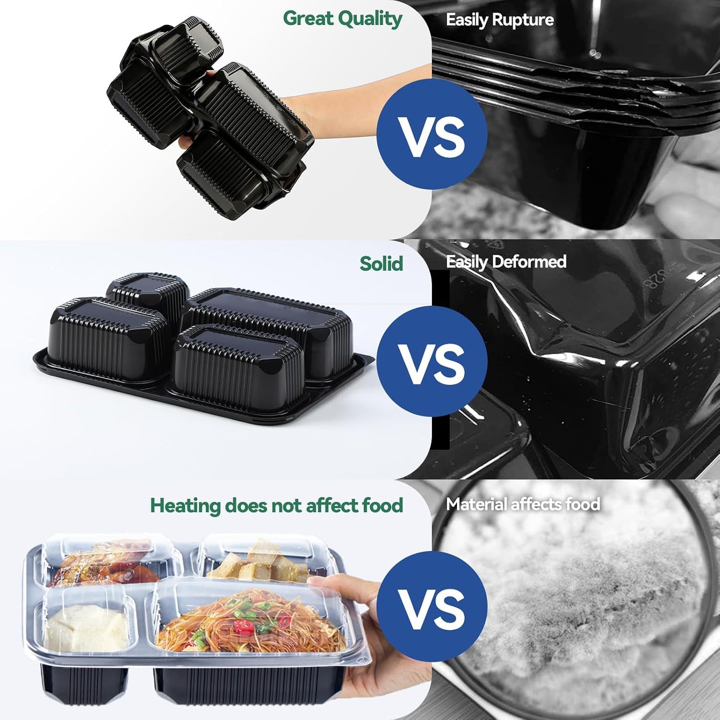 Take Out Containers 38 oz 40 Pack - Shrink Wrapped 3 Compartment Leakproof Catering | BPA Free PP Plastic Microwave & Freezer Safe | Flexible Reusable Commercial Black Lunch Boxes with Lid
