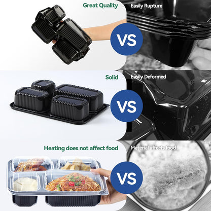 Take Out Containers 38 oz 40 Pack - Shrink Wrapped 3 Compartment Leakproof Catering | BPA Free PP Plastic Microwave & Freezer Safe | Flexible Reusable Commercial Black Lunch Boxes with Lid