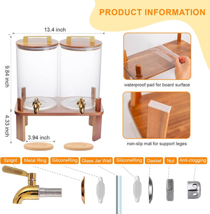 2 PACK 1.5 Gallon Glass Beverage Dispenser with Wooden Lid, Drink Dispenser with Wooden Stand, Lemonade Dispenser with Stainless Steel Leak-Proof Spigot for Parties, Weddings