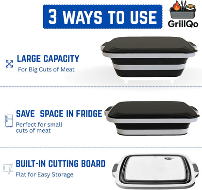 BBQ Prep Tub with 2 Pcs Meat Shredder Claws, 3-IN-1 Large 8L Collapsible Cutting Board with Lid for Meal Prep, Camping Sink for marinating food, Dish Basin, Grilling, Outdoor Cooking
