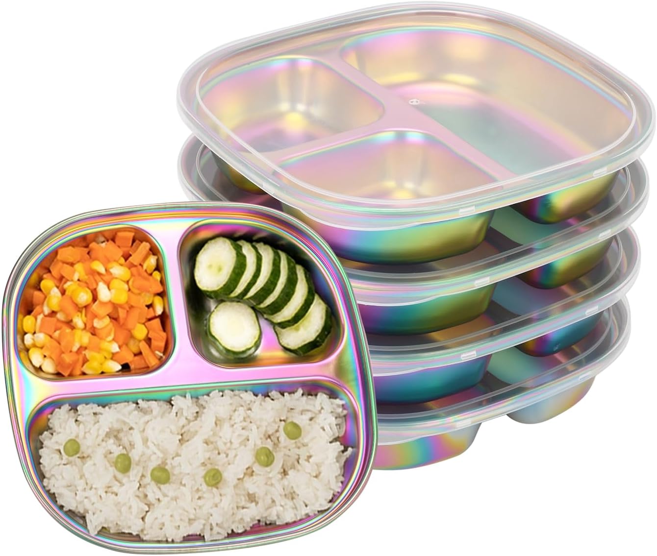 4-Pack Stainless Steel Divided Plates with Lids –Portion Control Meal Trays for Balanced Meals – BPA-Free, Shatterproof, Dishwasher Safe – Ideal for Home, Travel, School (Colorful-3-Section)