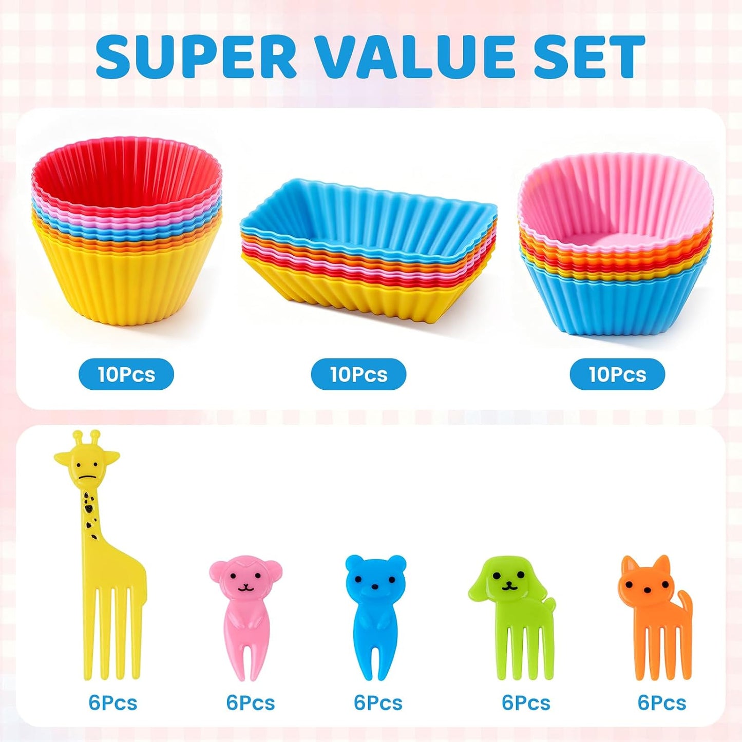 60 Pcs Silicone Lunch Box Dividers - Bento Box Accessories, Silicone Cupcake Liners Reusable Muffin Cups for Baking with Animal Food Picks (30 Cupcake Cups + 30 Picks)