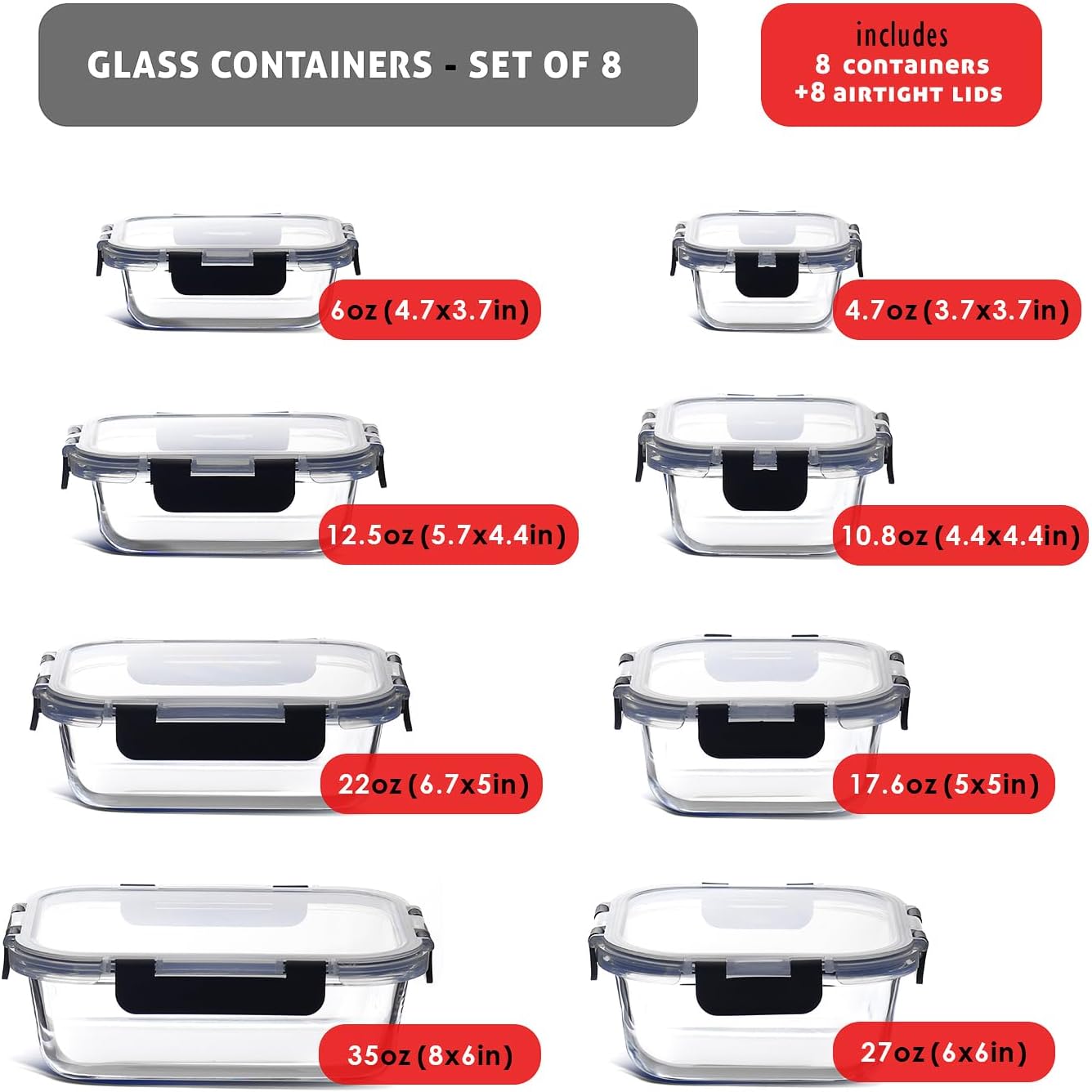 EATEX 16pc Glass Food Storage Containers with Lids, Airtight Glass Meal Prep Containers, 8 Reusable Food Containers with 8 Leakproof Snap Lock Lids, Oven Microwave Freezer Safe Lunch
