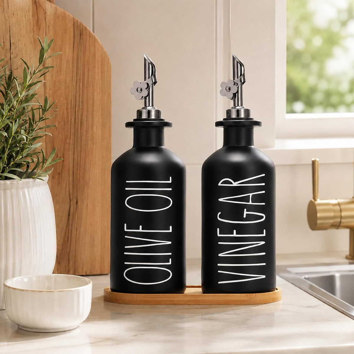 HOMCDALY Premium Olive Oil Dispenser for Kitchen, 11.8oz Glass Oil Bottles with Bamboo Tray, White Oil&Vinegar Cruet Set, Kitchen Dispenser Bottles with Pourer| Set of 2 (11.8oz –P–White)