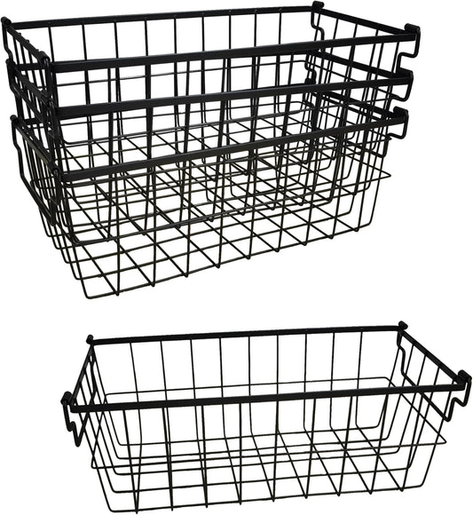 Freezer Organizer Bins, Deep Chest Freezer Baskets Stackable 4 Pack - Wire Metal Bins with Folding Handles, 30LBS Capacity, 14.6"×7.1"×4.9", Includes Baggy Rack - ARTAWEIN