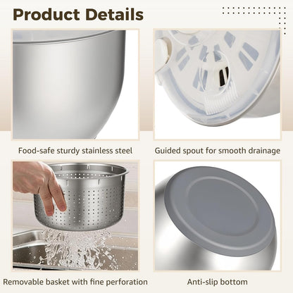 Stainless Steel Salad Spinner Set with Grater and Food Clip, 6L Large Metal Salad Spinner, Fruit Vegetable Dryer with Built-in Drain Spout for Dehydrating Fruit and Vegetable, Pasta (Silver)