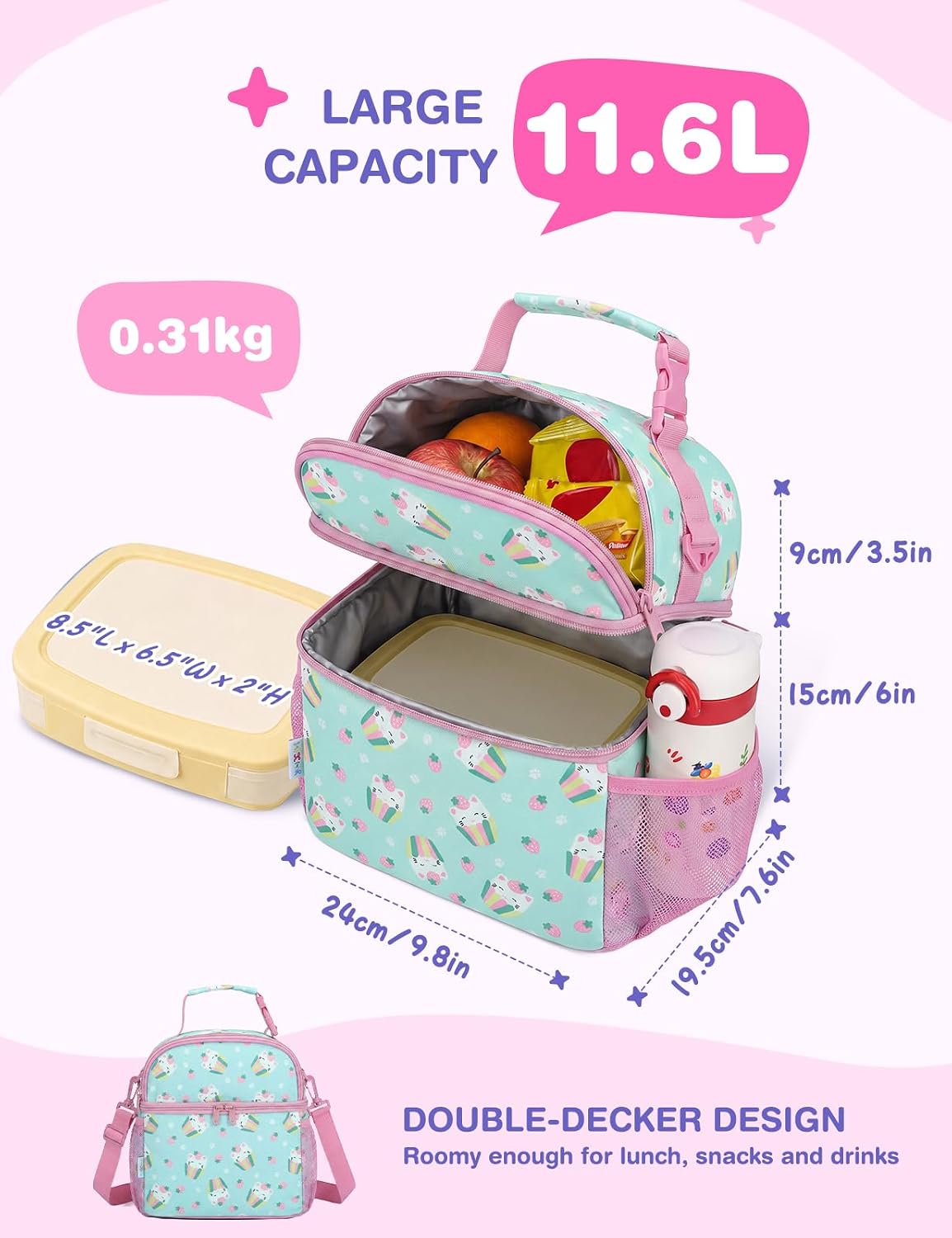 VASCHY Lunch Box Bag for Kids, Insulated Double Compartments Cooler Lunch Tote for Toddlers Boys Girls School/Daycare/Picnic Black Dinos