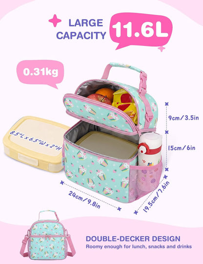 VASCHY Lunch Box Bag for Kids, Insulated Double Compartments Cooler Lunch Tote for Toddlers Boys Girls School/Daycare/Picnic Black Dinos
