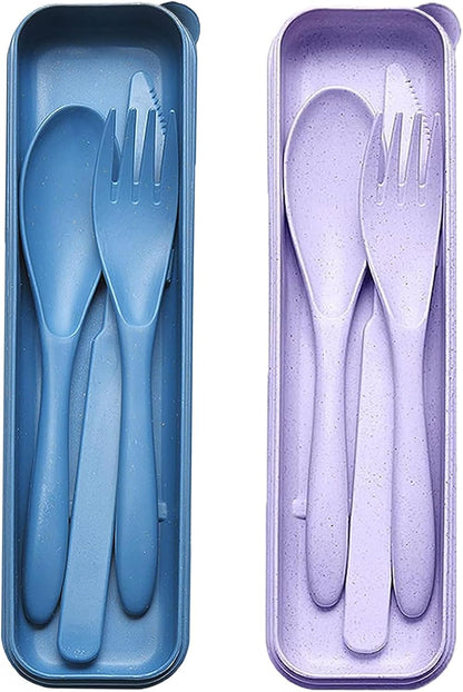 Reusable Travel Utensils with Case, Wheat Straw Portable Plastic Fork Spoons Knife Tableware, Eco-Friendly BPA Free Camping Cutlery for Lunch Box Accessories Work Picnic or Daily Use (Purple)