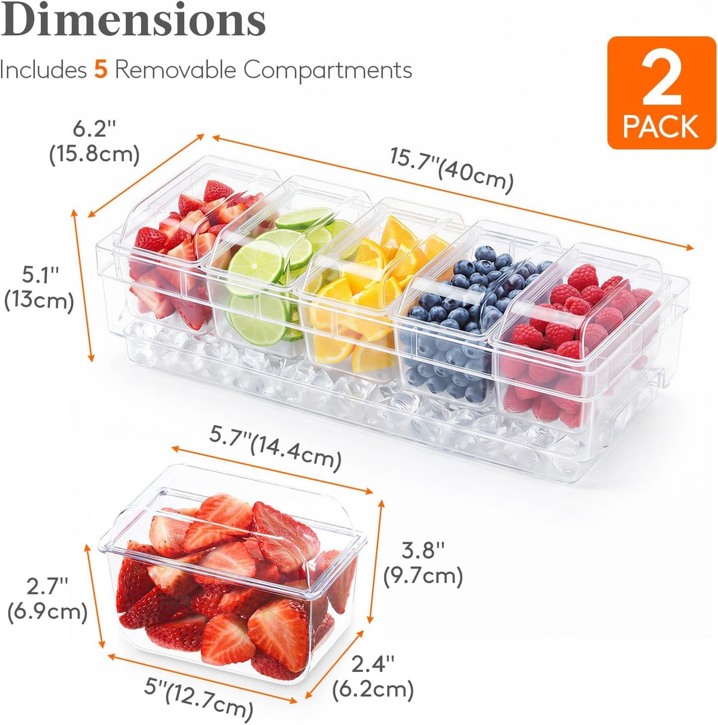 Lifewit Chilled Condiment Containers with Lids 2 Pcs, Plastic Taco Bar Serving Set for Party with 5 Containers, Ice Garnish Tray for Mimosa Bar Supplies, Clear Serving Platter for Fruit, Salad, Snack